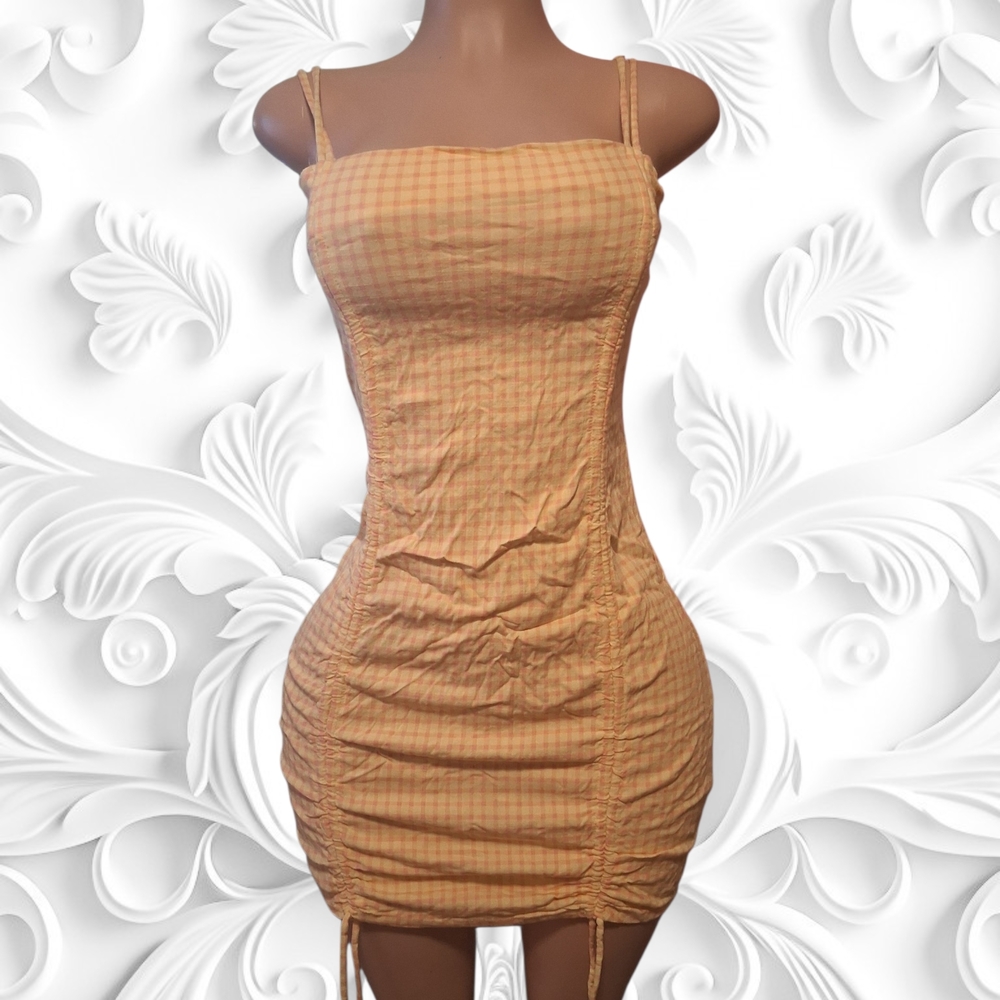 wild fable Peach Gingham Ruched Mini Dress